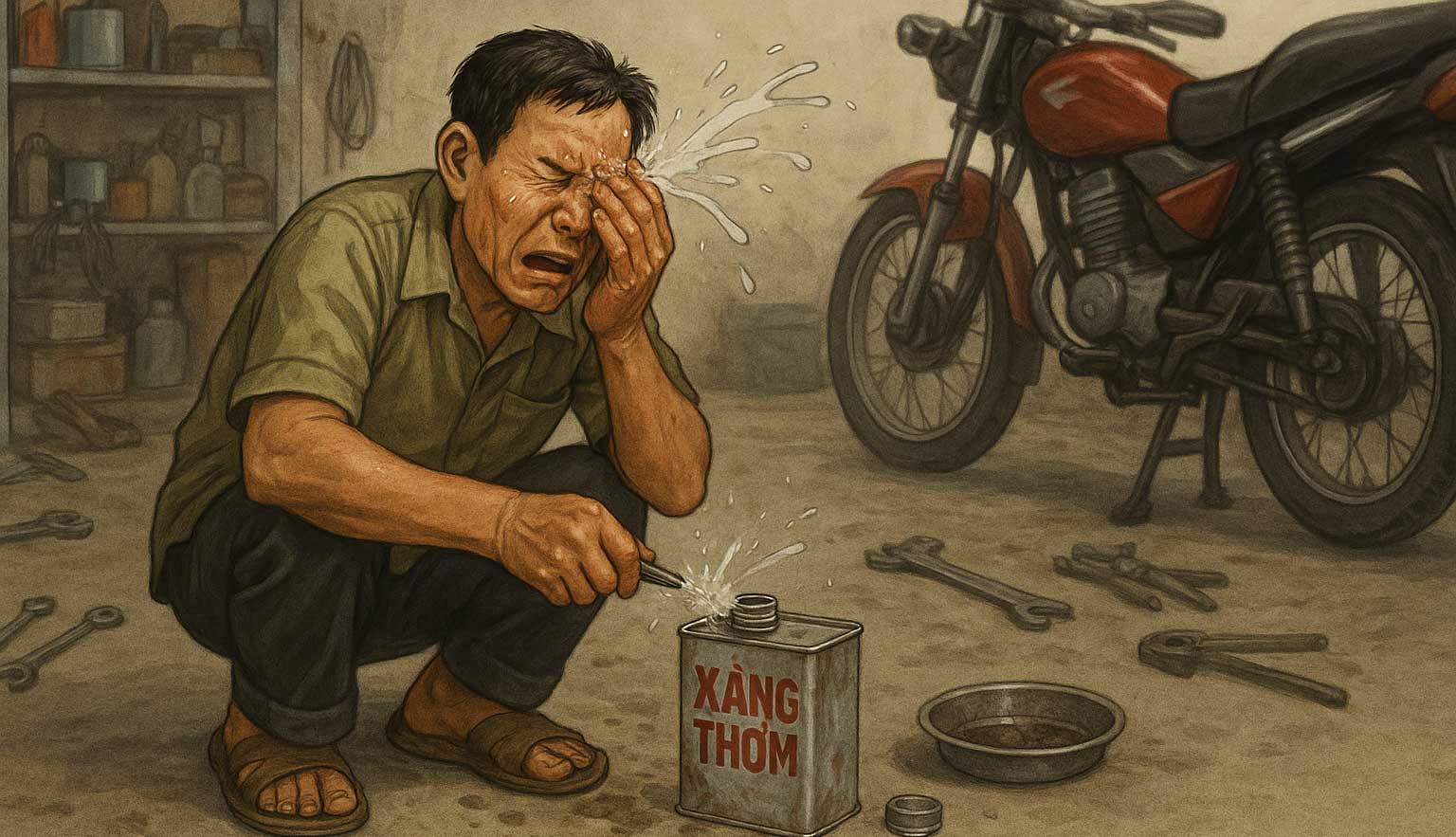 Man with eye burns caused by using aromatic gasoline for cleaning without protective goggles