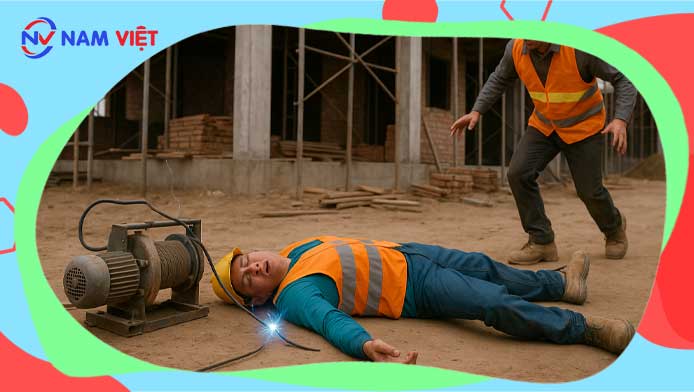 Electrocuted to death due to electric leakage from a hoist at the construction site