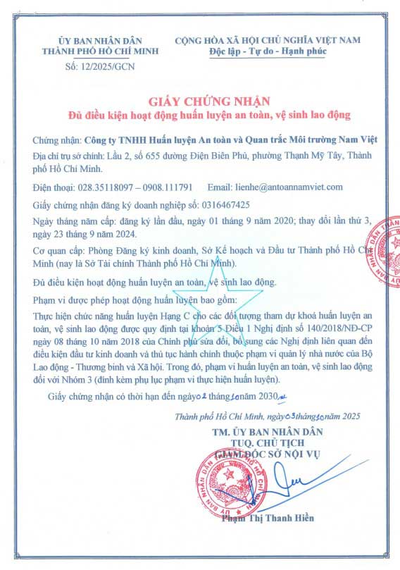 Giấy chứng nhận đủ điều kiện hoạt động huấn luyện an toàn, Vệ sinh lao động 2025